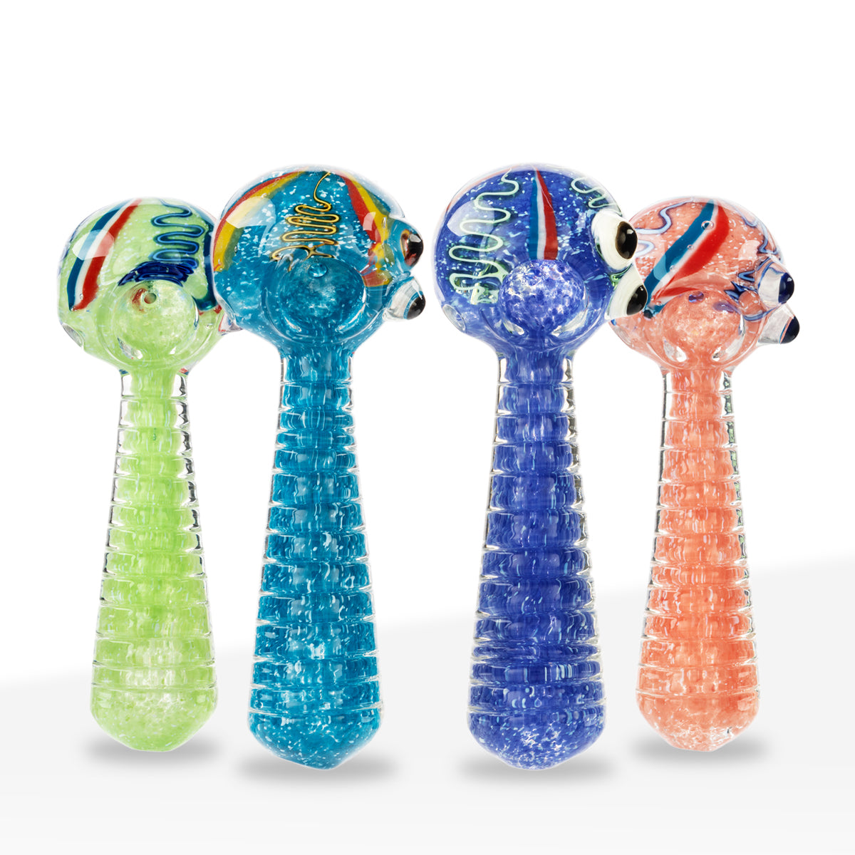 Hand Pipe | Classic Glass Spoon Heavy Frit w/ Dichro Hand Pipe | 4" - Glass - Assorted Colors - Biohazard Inc