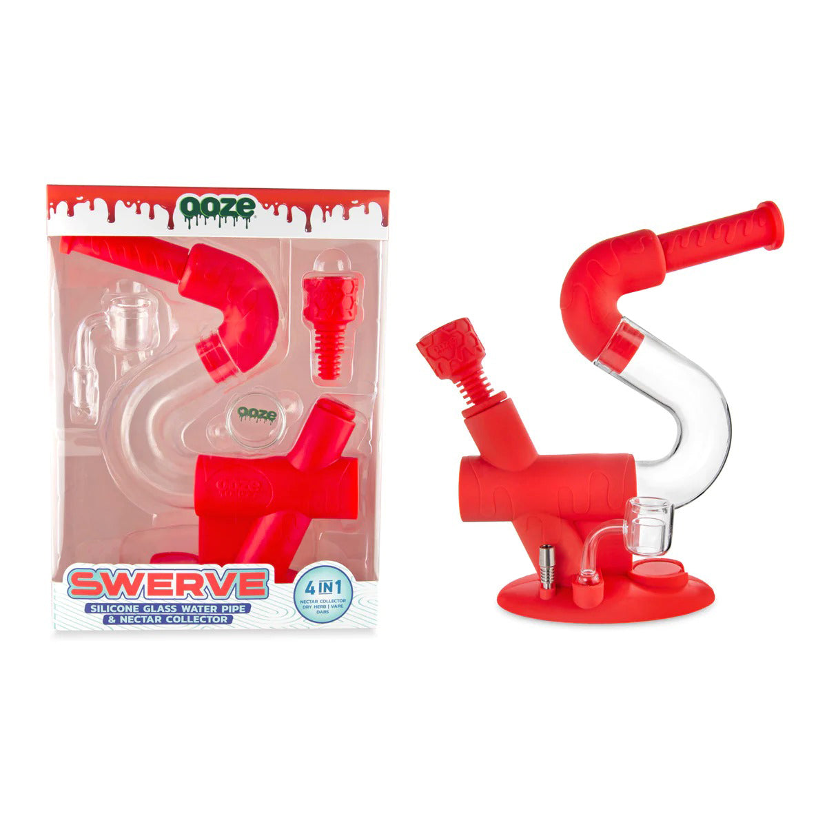 Ooze® | 4-in-1 Swerve Hybrid Silicone Nectar Collector & Water Pipe | Various Colors