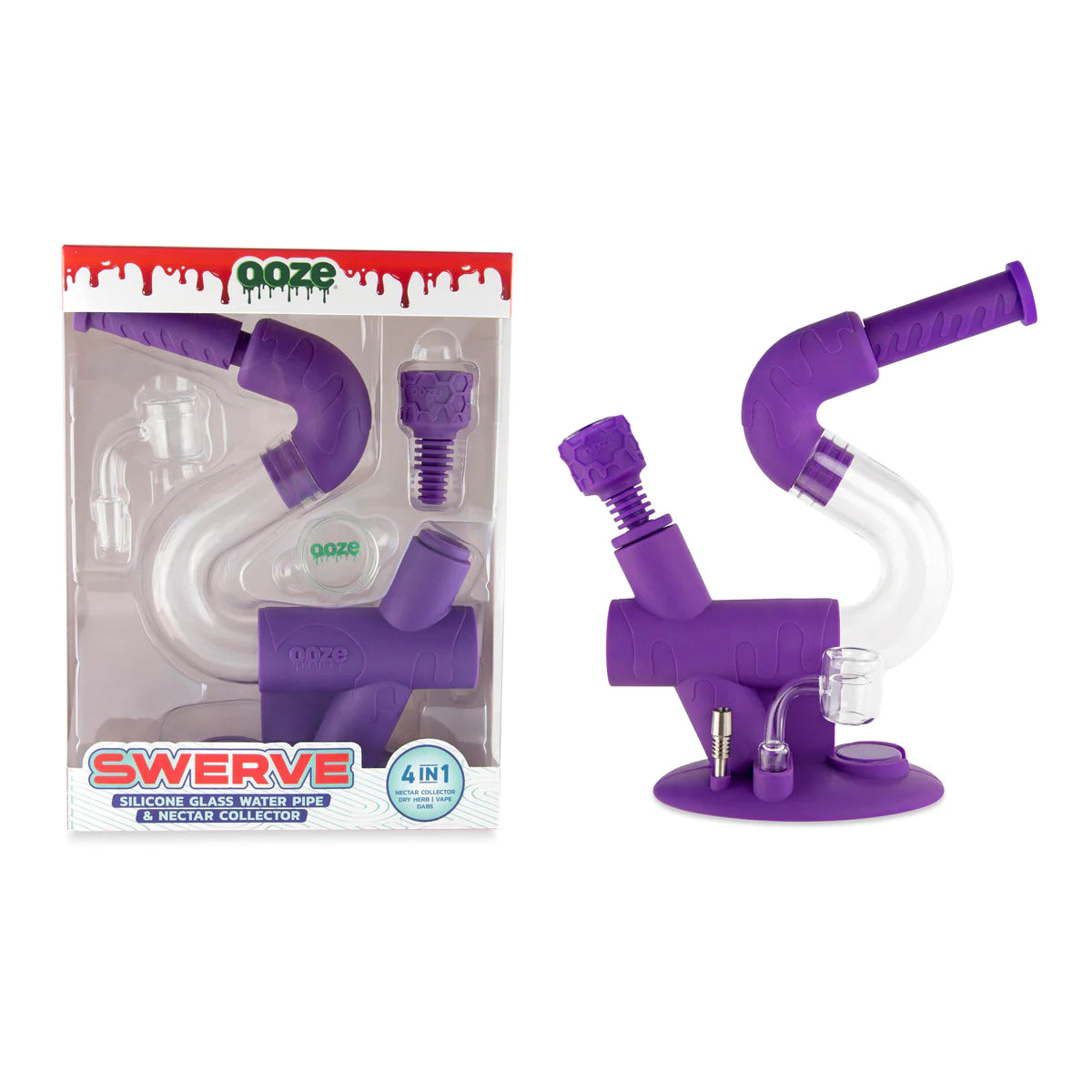 Ooze® | 4-in-1 Swerve Hybrid Silicone Nectar Collector & Water Pipe | Various Colors