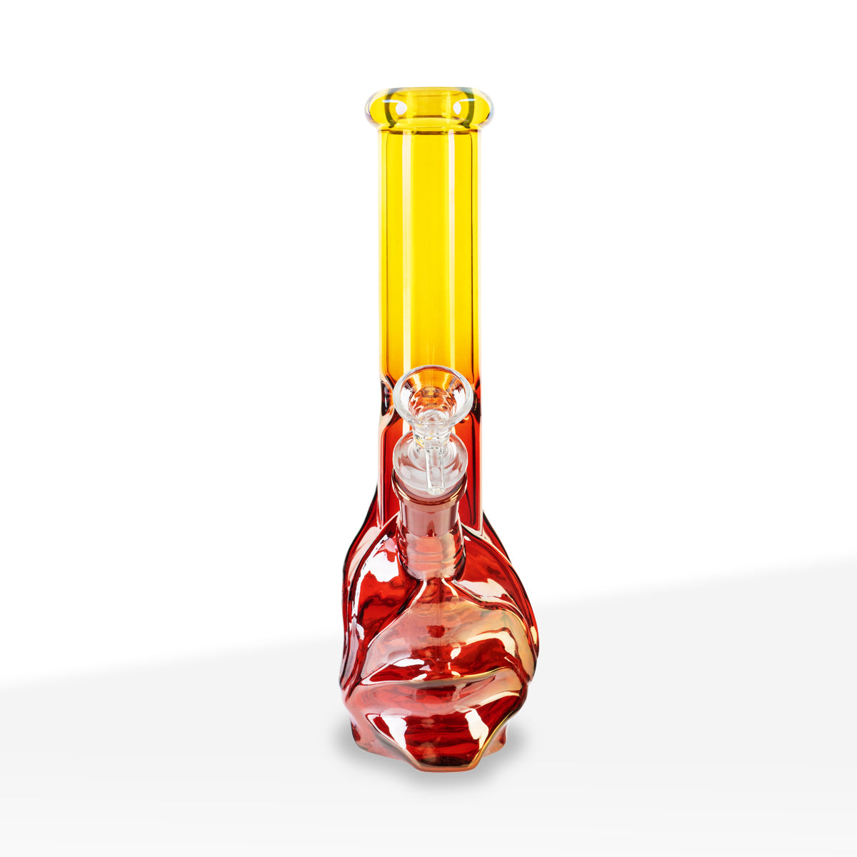 Water Pipe | 4mm Wave Base Beaker | 10" - Glass - Assorted Colors - Biohazard Inc. - Lemon Yellow / Ruby Red