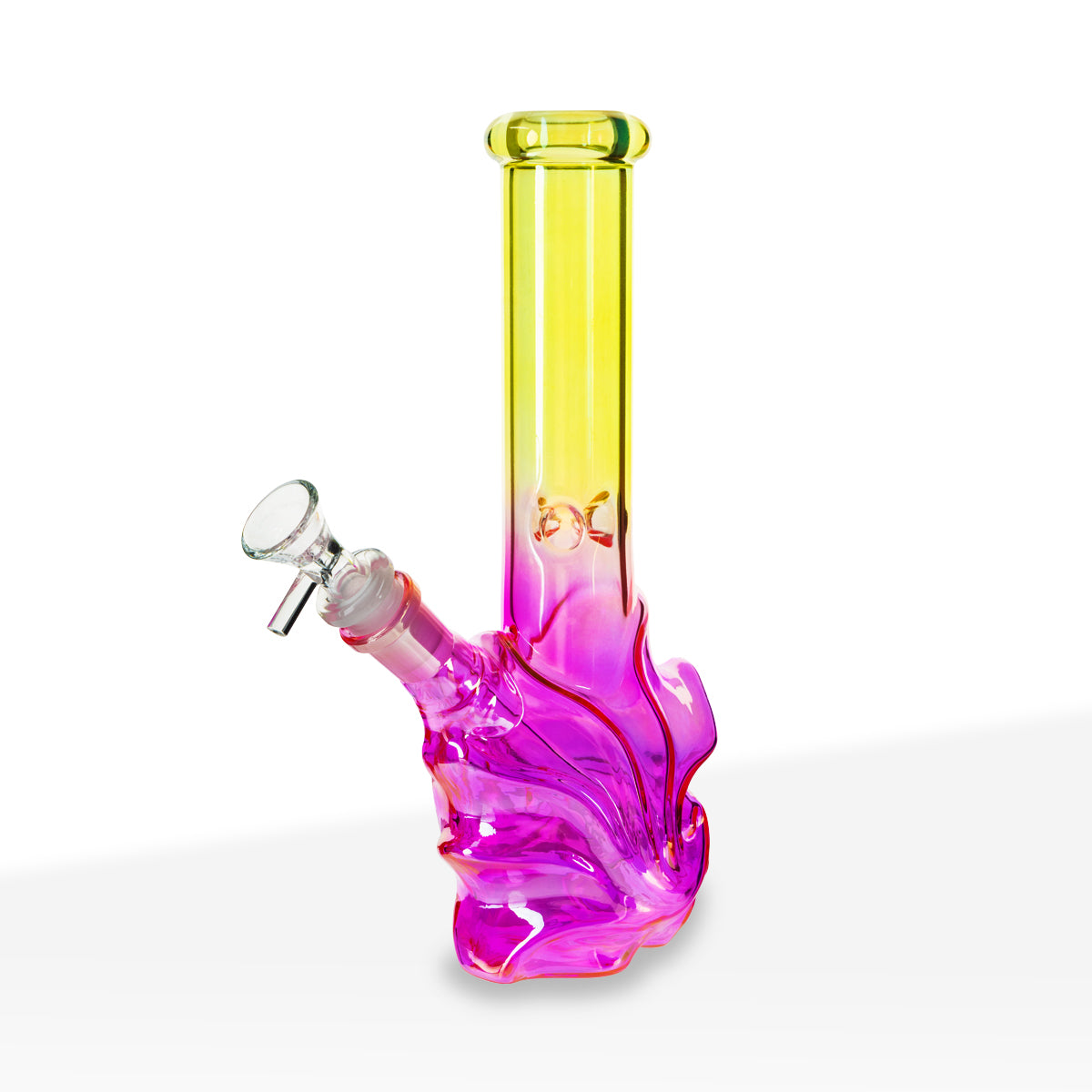 Water Pipe | 4mm Wave Base Beaker | 10" - Glass - Assorted Colors - Biohazard Inc. - Electric Yellow / Amethyst Pink