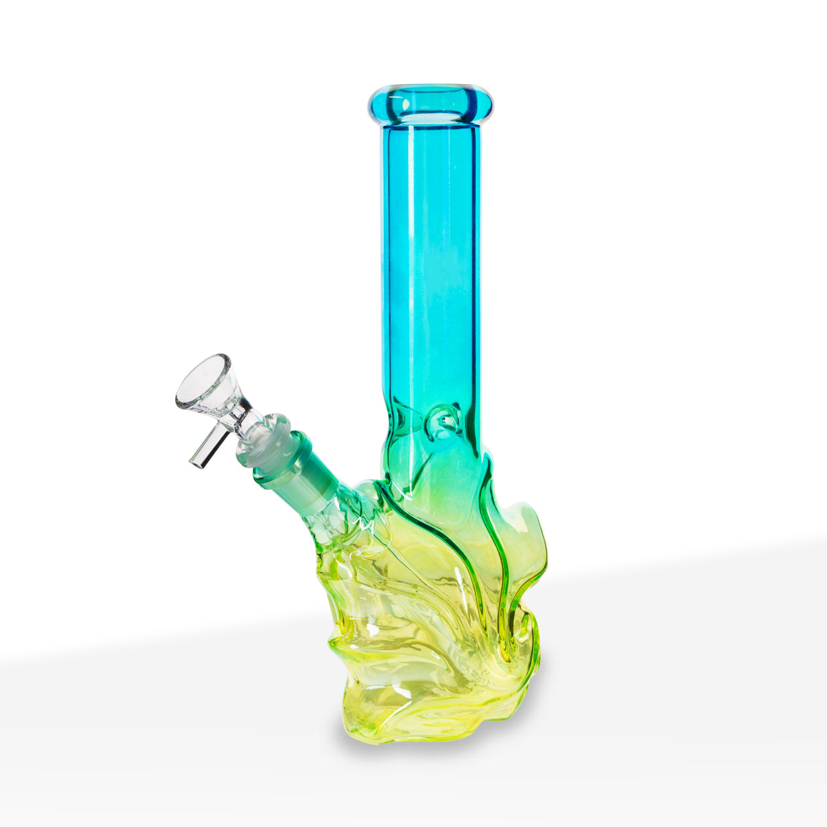 Water Pipe | 4mm Wave Base Beaker | 10" - Glass - Assorted Colors - Biohazard Inc. - Cyan Blue / Electric Yellow