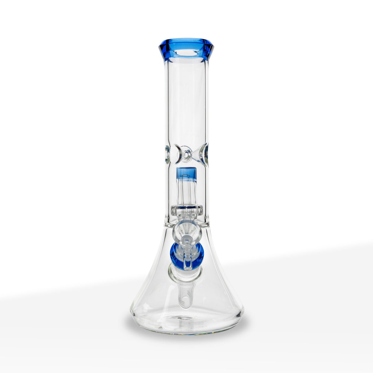Water Pipe | Color Trim Beaker w/ Showerhead Perc | 11" - Glass - Various Colors - Biohazard Inc - Blue