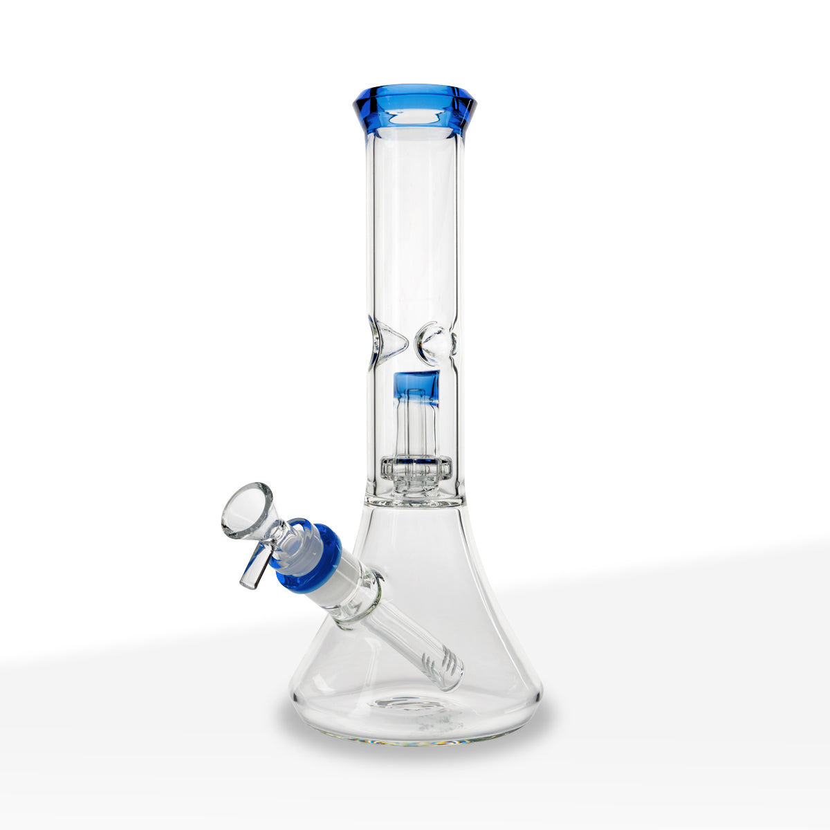 Water Pipe | Color Trim Beaker w/ Showerhead Perc | 11" - Glass - Various Colors - Biohazard Inc - Blue