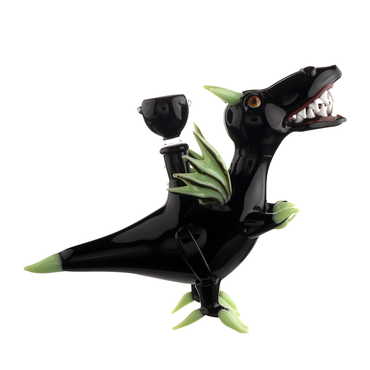 Novelty | Dinosaur Water Pipe | 6" - Glass - Black & Slyme