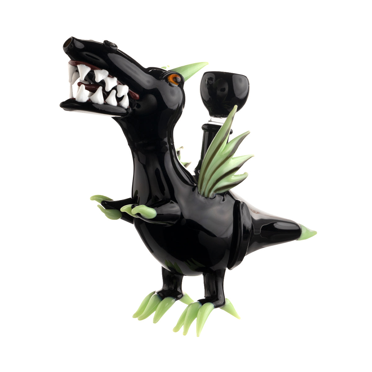 Novelty | Dinosaur Water Pipe | 6" - Glass - Black & Slyme