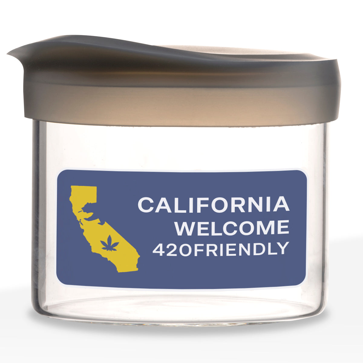 Stash Weed Jar | Straight Sided w/ Silicone Lid | 1oz - Clear - Biohazard Inc - California State Bear with Blunt and Leaf - CALIFORNIA WELCOME 420 FRIENDLY 