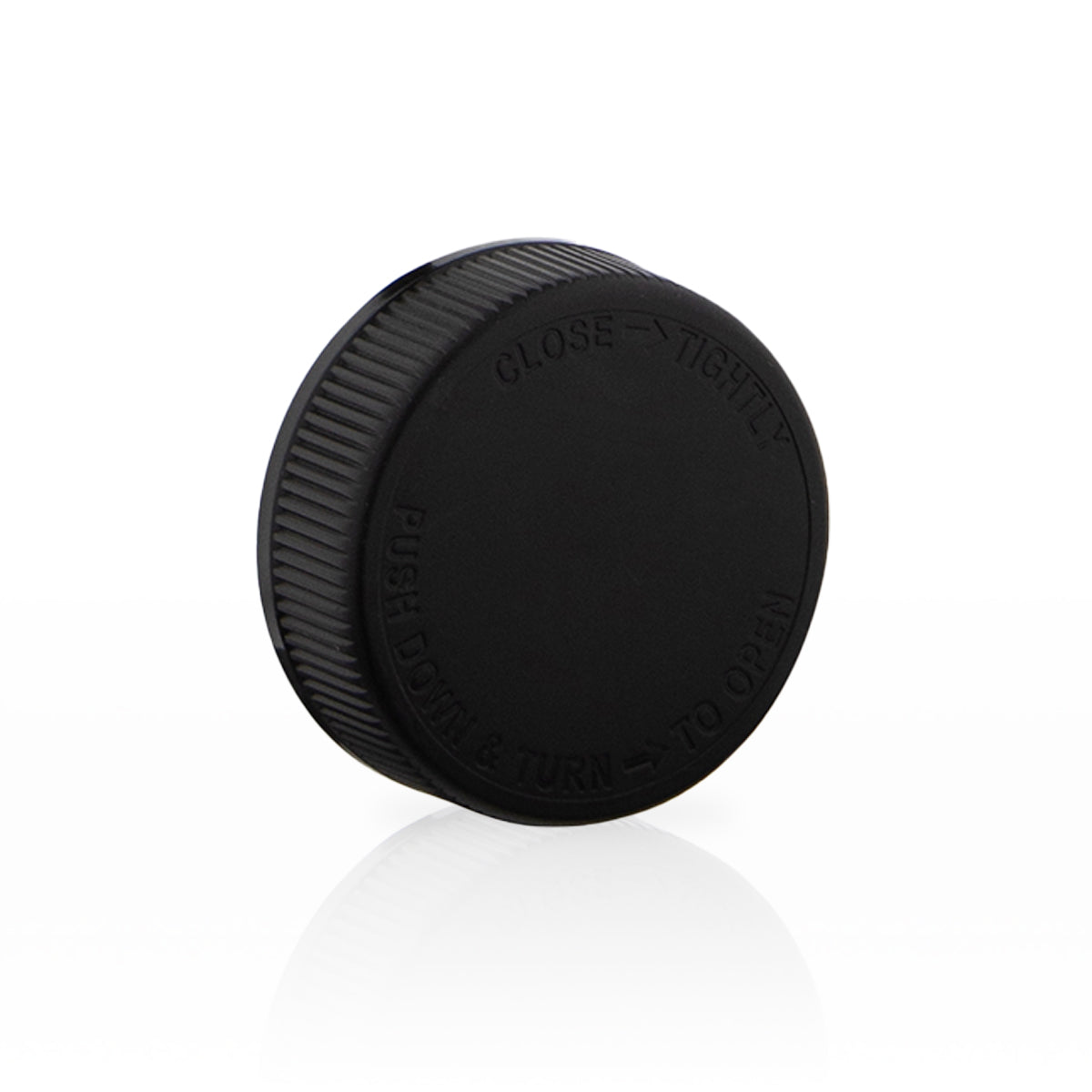 Child Resistant Plastic Caps | Ribbed Push Down & Turn w/ Foam Liner | 45mm - Black