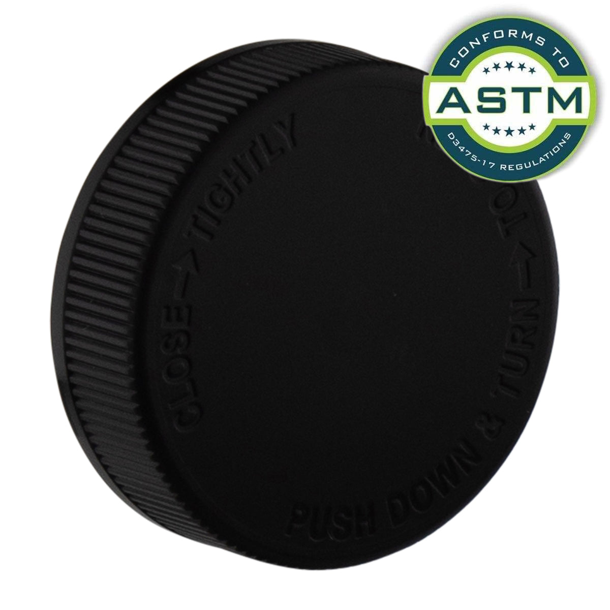 Child Resistant Plastic Caps | Debossed Ribbed w/ Foam Liner | 53mm - Black