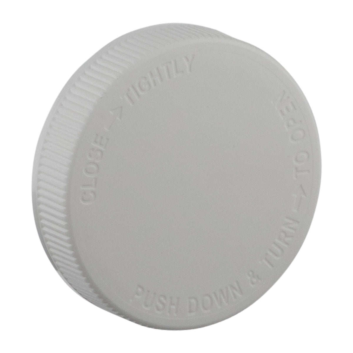 Child Resistant Plastic Caps | Debossed Text Matte Ribbed w/ Foam Liner | 70mm - White