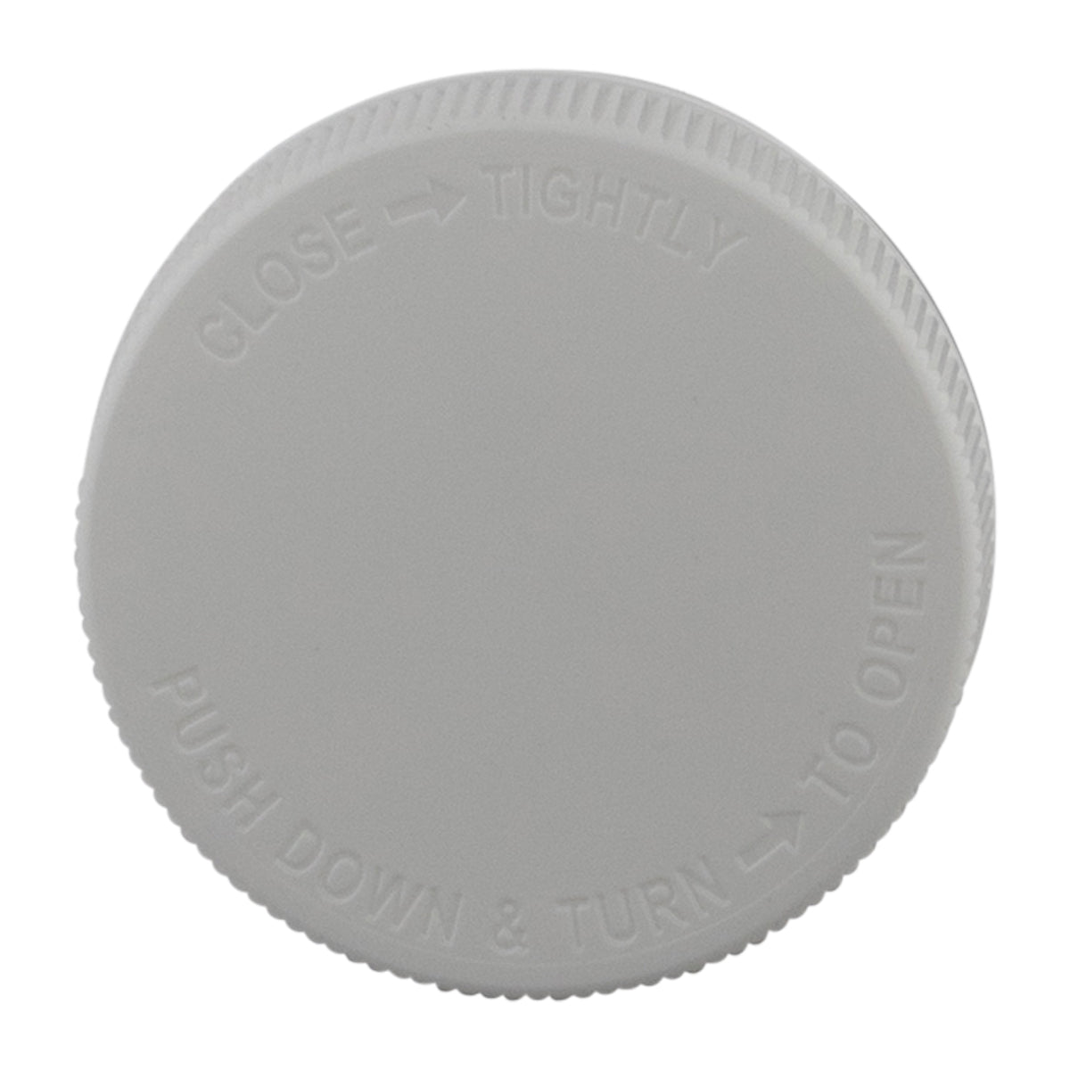 Child Resistant Plastic Caps | Debossed Text Matte Ribbed w/ Foam Liner | 70mm - White