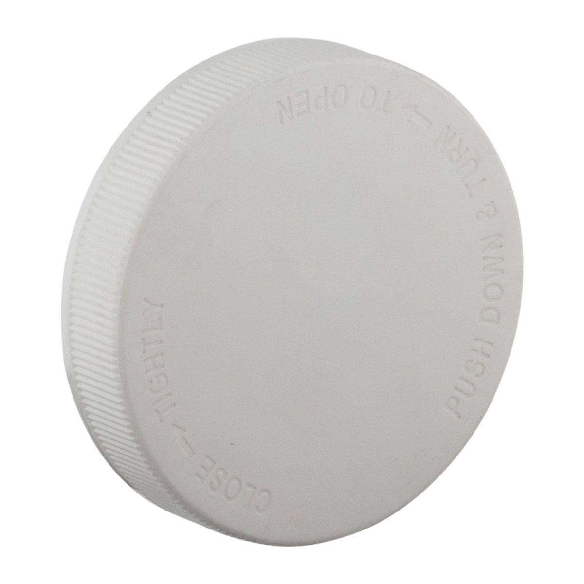 Child Resistant Plastic Caps | Ribbed Push Down & Turn w/ Foil Liner | 89mm - Matte White