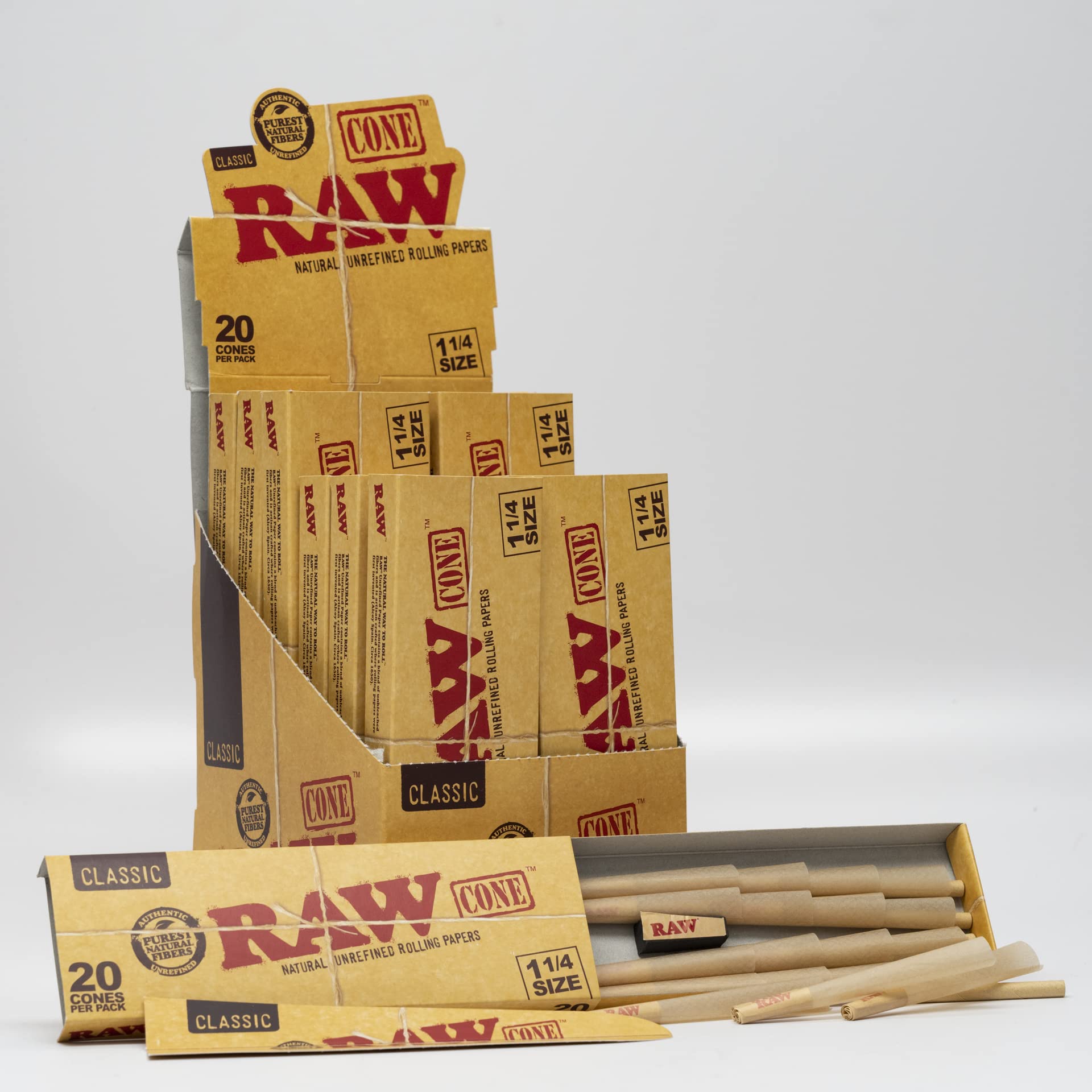 RAW | Classic 20-Pack Pre-Rolled Cones | Various Sizes - Brown - 12 Count