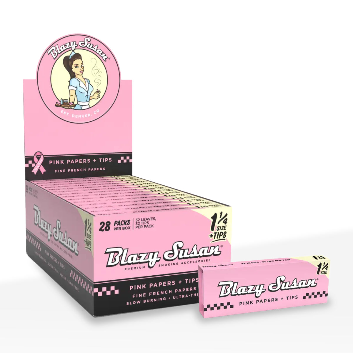 Blazy Susan | 1¼ Size Rolling Papers + Filter Tips | 84mm - Various Colors - 28 Count - Biohazard Inc - Pink
