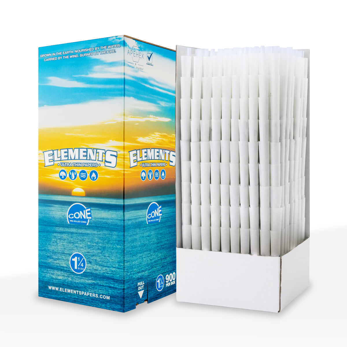 Elements® | Ultra Thin 1¼ Size Pre-Rolled Cones | 84mm - Rice Paper - 900 Count - Biohazard Inc