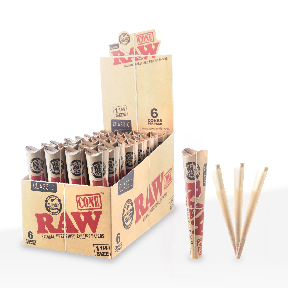 RAW® | Pre-Rolled Cones Classic 1¼ 6-Pack | 84mm - Unbleached - 32 Count