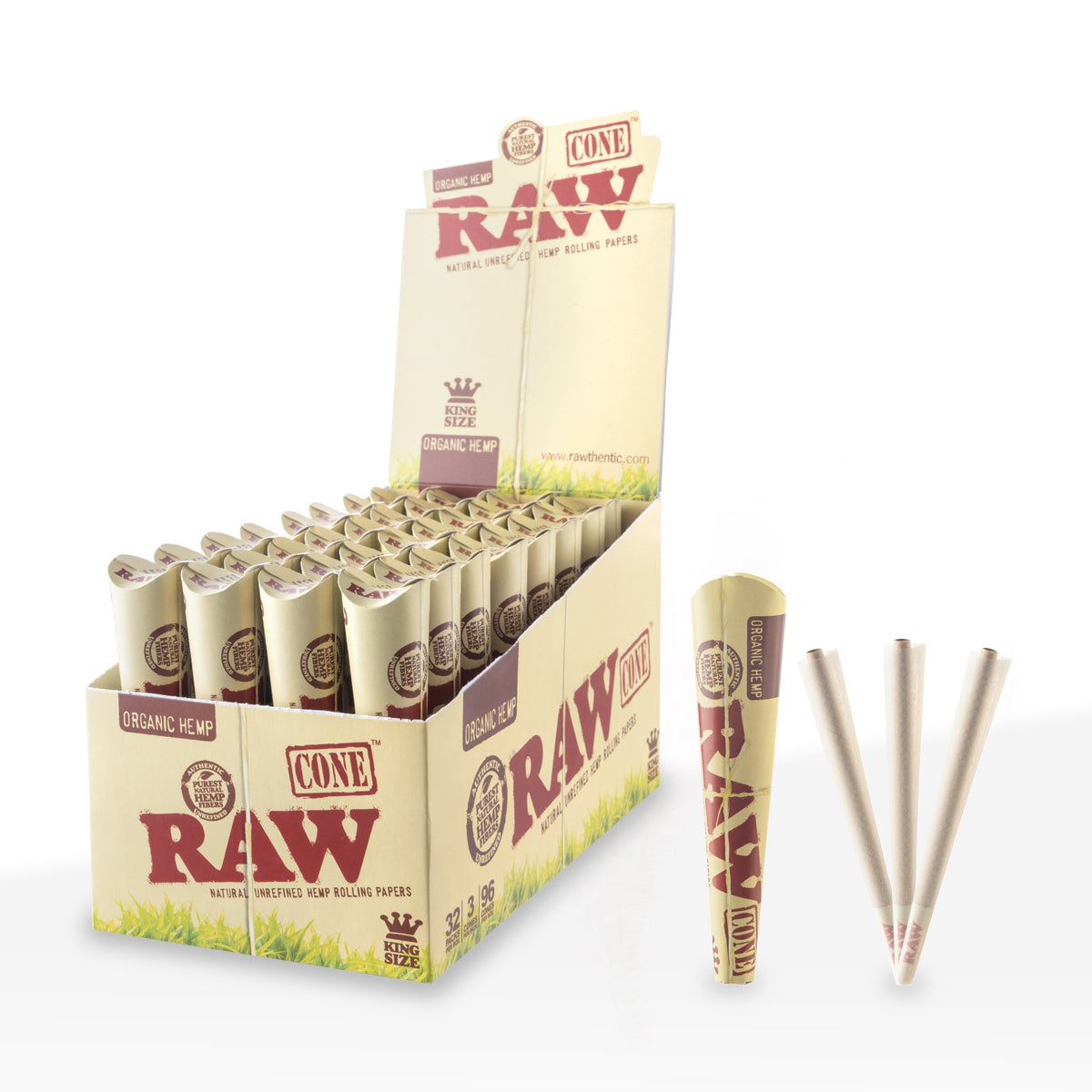 Raw® | Organic Pre-Rolled Cones King Size | 109mm - Unbleached - 32 Count