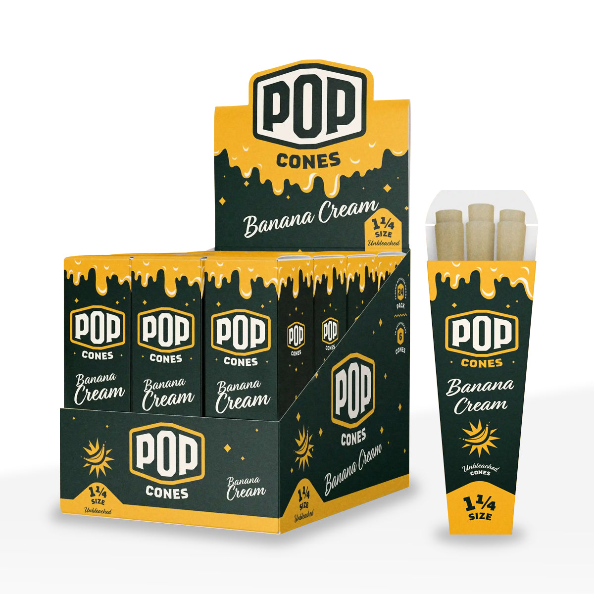 Pop Cones |  Pre-Rolled 1¼ Size 6-Pack Unbleached Cones | 84mm - Various Flavors - 24 Count - Biohazard Inc - Banana Cream