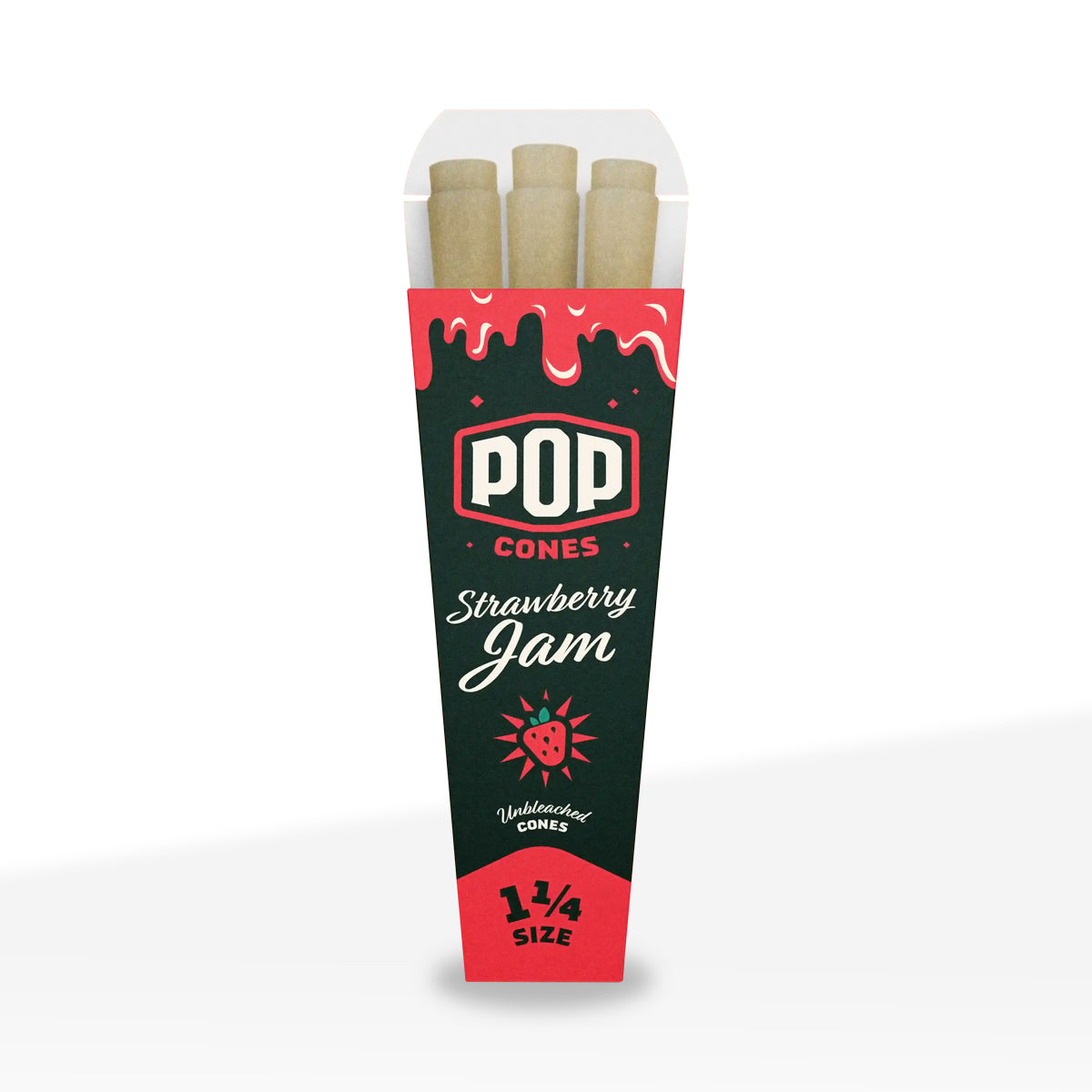 Pop Cones |  Pre-Rolled 1¼ Size 6-Pack Unbleached Cones | 84mm - Various Flavors - 24 Count - Biohazard Inc - Strawberry Jam