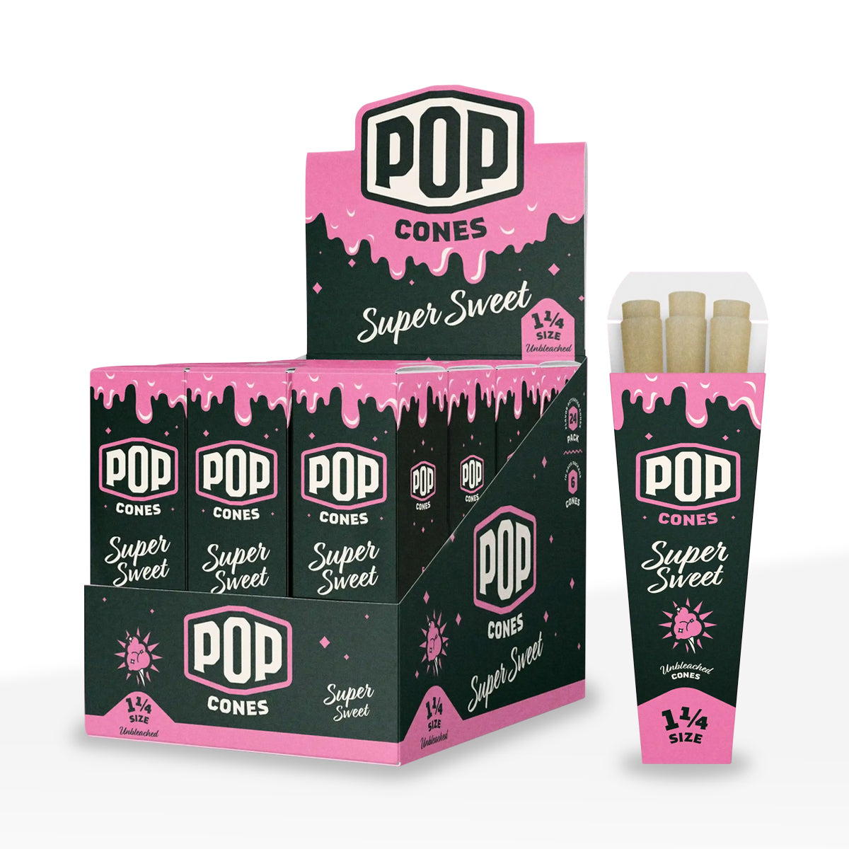 Pop Cones |  Pre-Rolled 1¼ Size 6-Pack Unbleached Cones | 84mm - Various Flavors - 24 Count - Biohazard Inc - Super Sweet