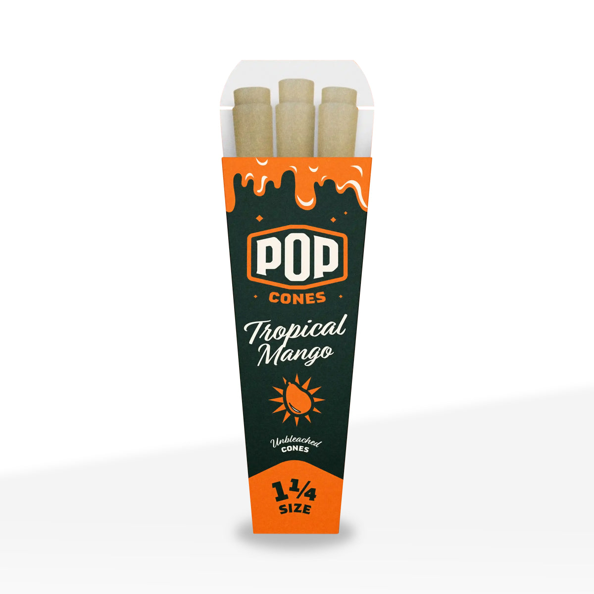 Pop Cones |  Pre-Rolled 1¼ Size 6-Pack Unbleached Cones | 84mm - Various Flavors - 24 Count - Biohazard Inc - Tropical Mango