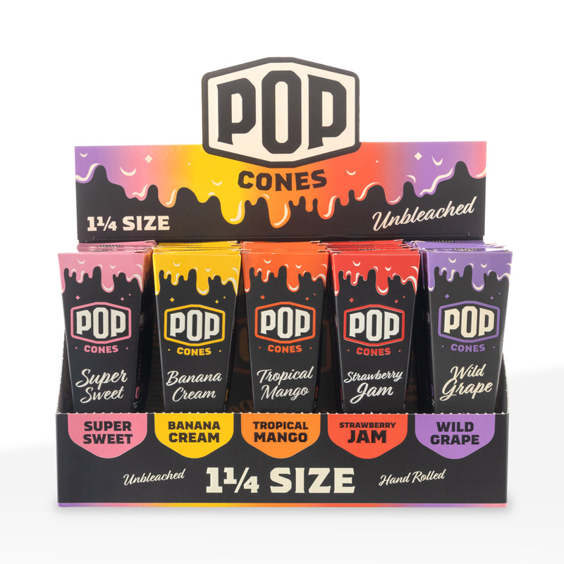 Pop Cones | Pre-Rolled Cones 1¼ Size | 84mm - Assorted Flavors - 6 Pack 25 Count - Unbleached Paper