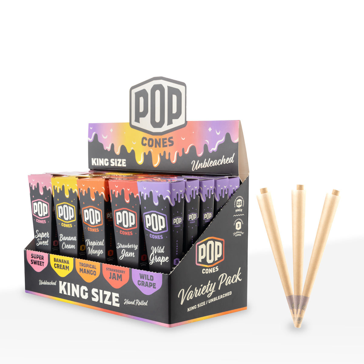 Pop Cones | Pre-Rolled Cones King Size | 109mm - Assorted Flavors - 3 Pack 25 Count - Unbleached Paper