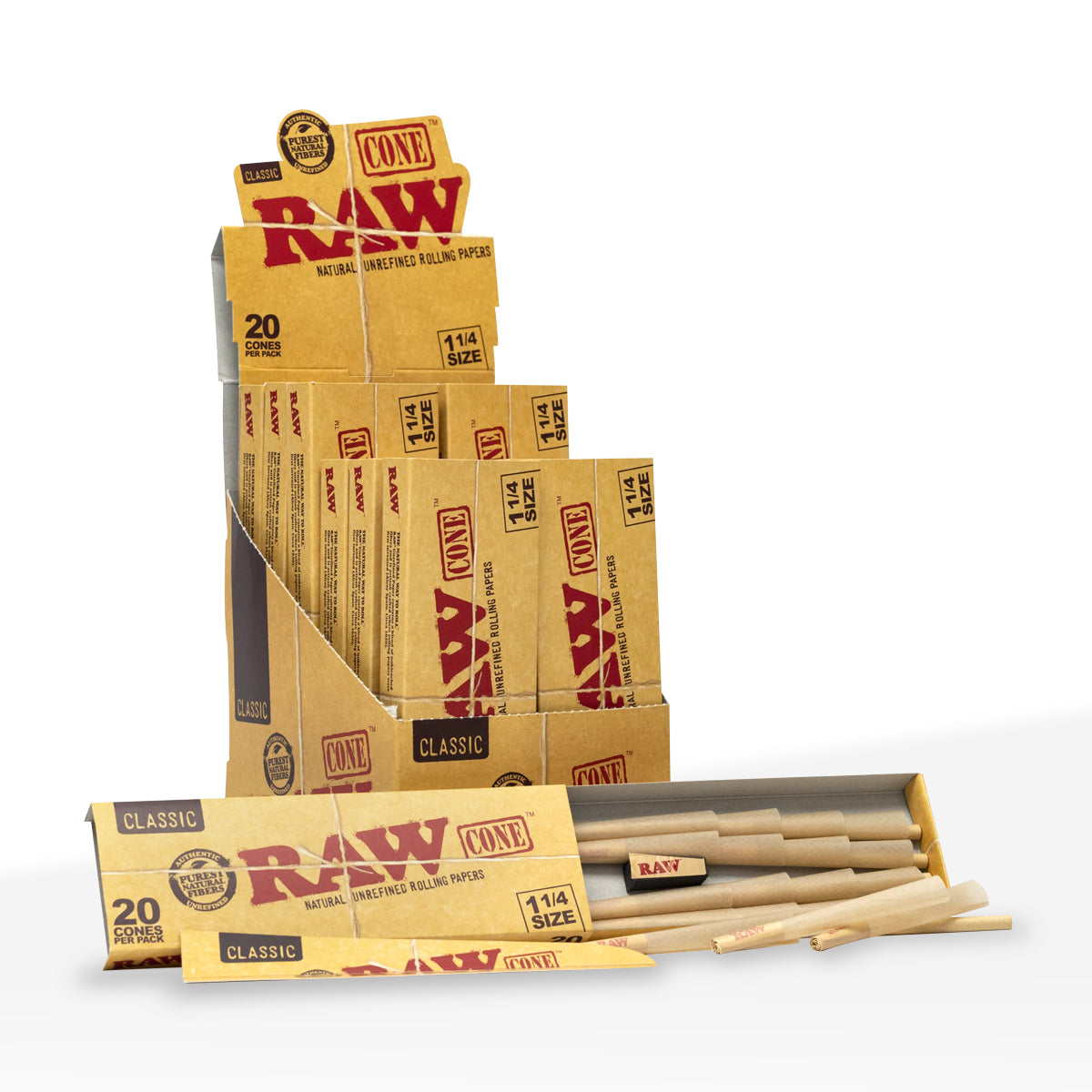 RAW® | Classic 20-Pack Pre-Rolled Cones | Various Sizes - Brown - 12 Count