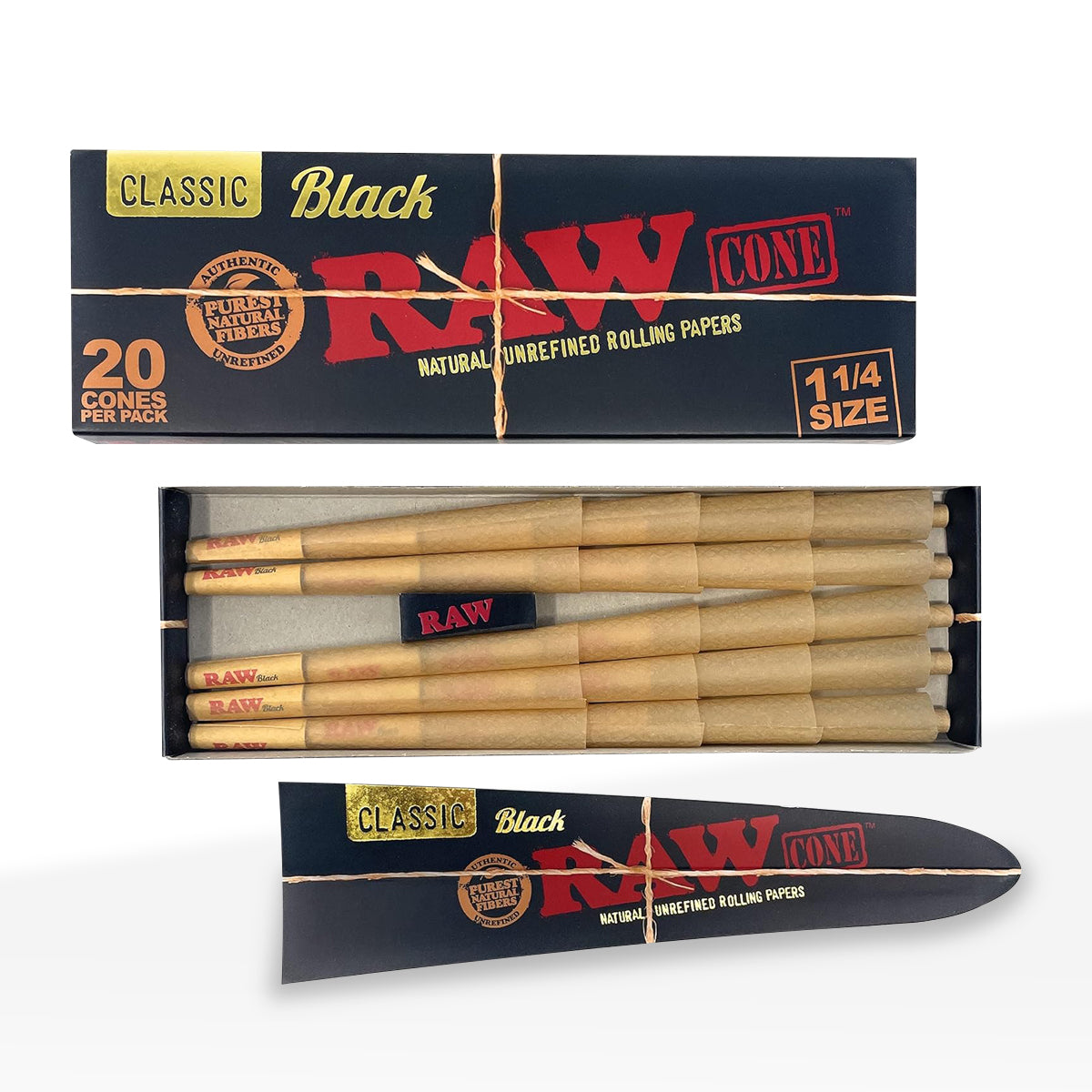 RAW® | Black 20-Pack Pre-Rolled Cones | 84mm - Brown - 12 Count