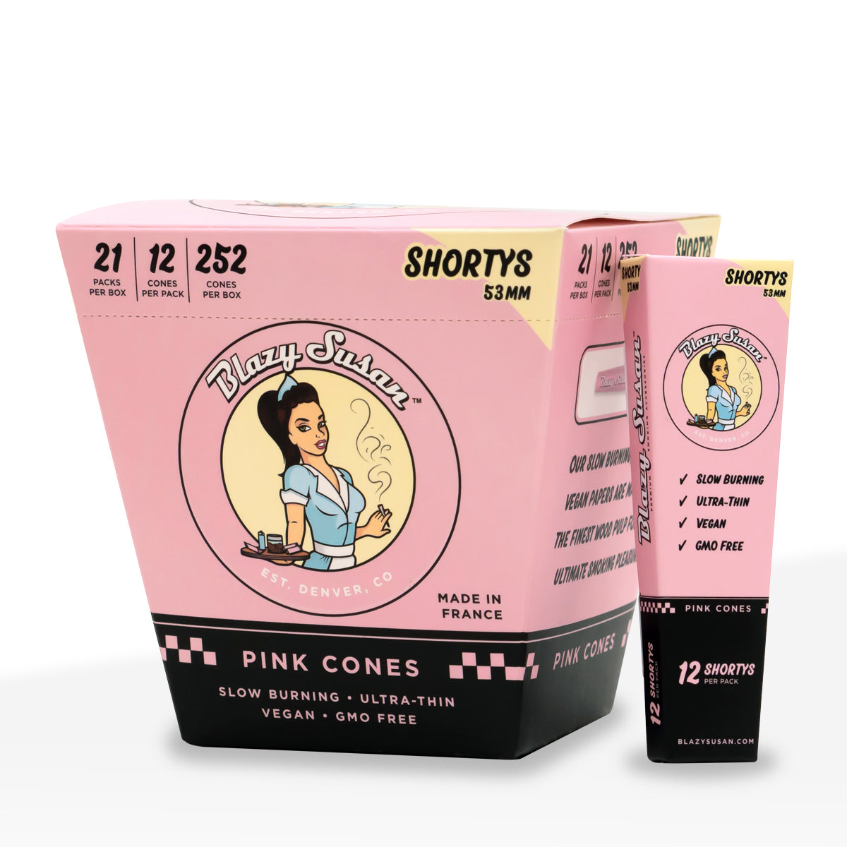 Blazy Susan | Shorty Sized Pre-Rolled Cones | 53mm - Pink - 21 Count