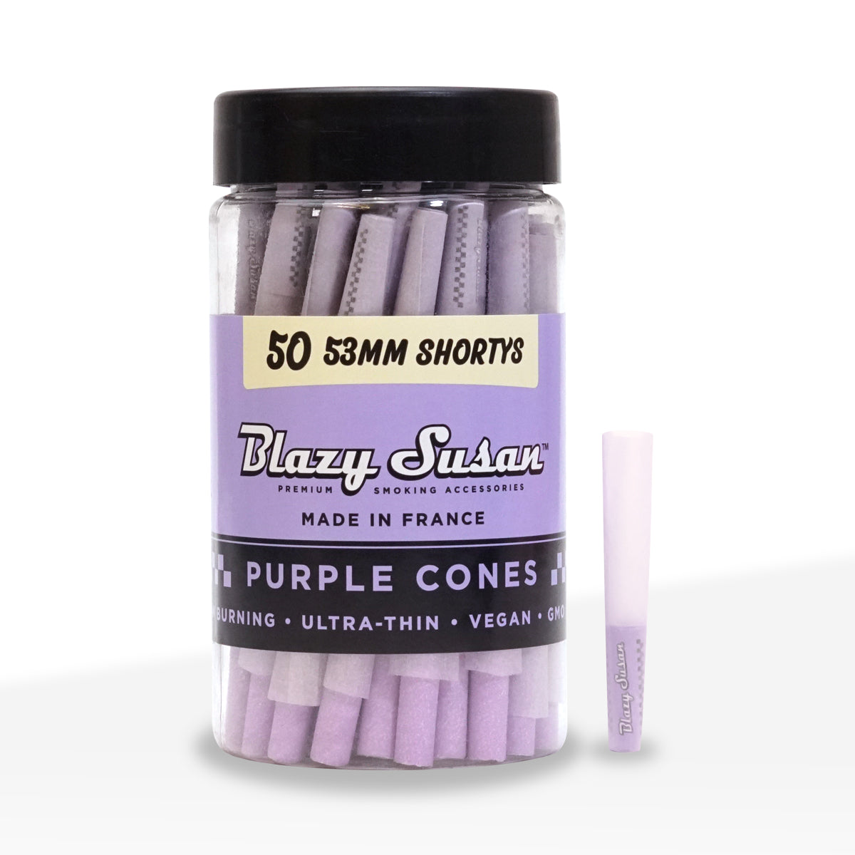 Blazy Susan | Shorty Sized Pre-Rolled Cones | 53mm - Purple - 50 Count