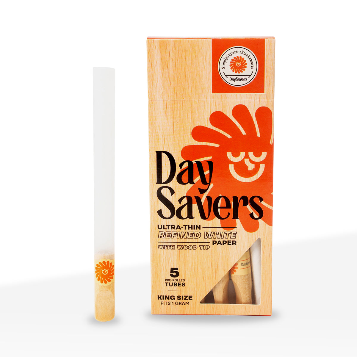 DaySavers | Ultra-Thin King Size Pre-Rolled Tubes w/ Tips | Various Styles - 109mm - White - 20 Count - Biohazard Inc - Wooden Filter Tips