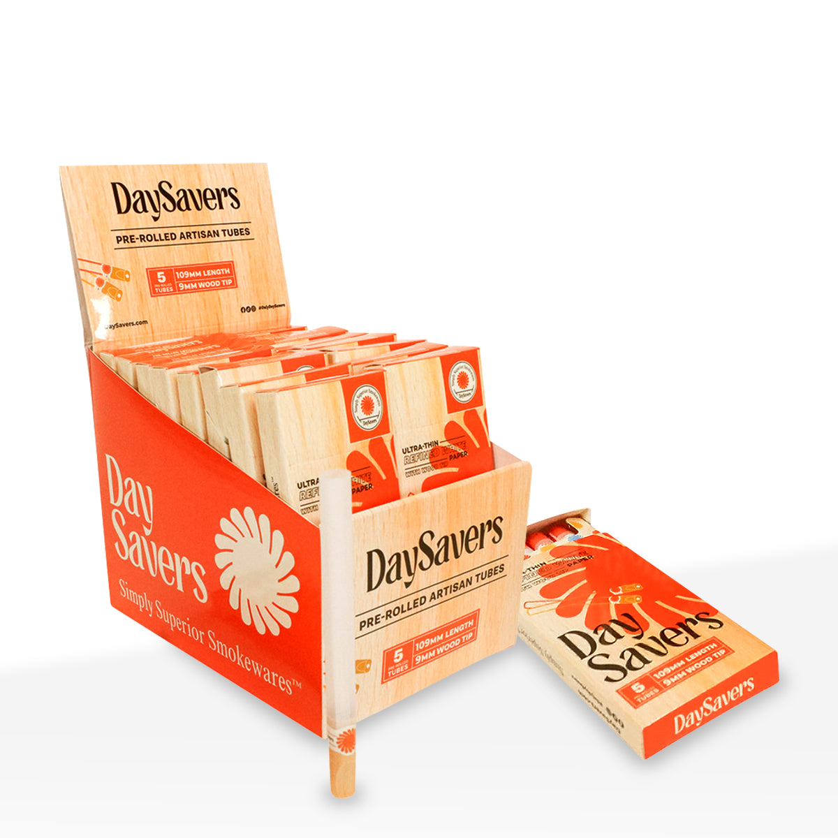 DaySavers | Ultra-Thin King Size Pre-Rolled Tubes w/ Tips | Various Styles - 109mm - White - 20 Count - Biohazard Inc - Wooden Filter Tips