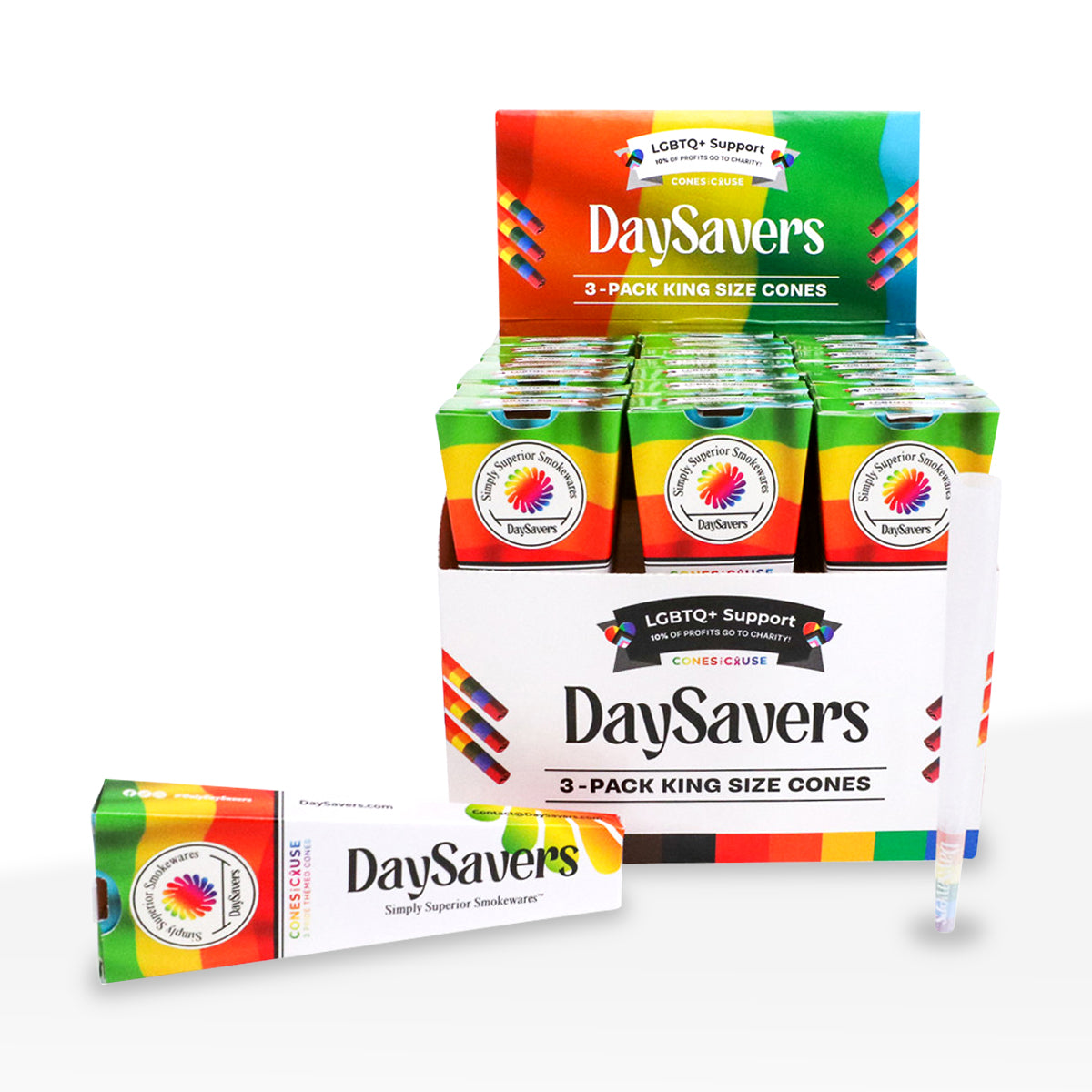 DaySavers | King Size Pre-Rolled Cones w/ Rainbow Tips | 109mm - White - 20 Count - Biohazard Inc