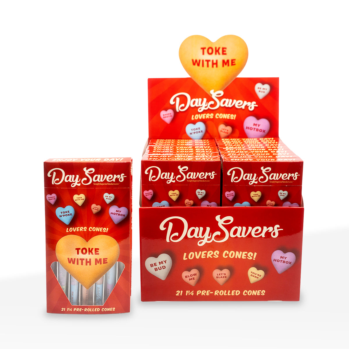 DaySavers | 1¼ Size Candy Hearts Pre-Rolled Cones | 84mm - White - 20 Count - Biohazard Inc