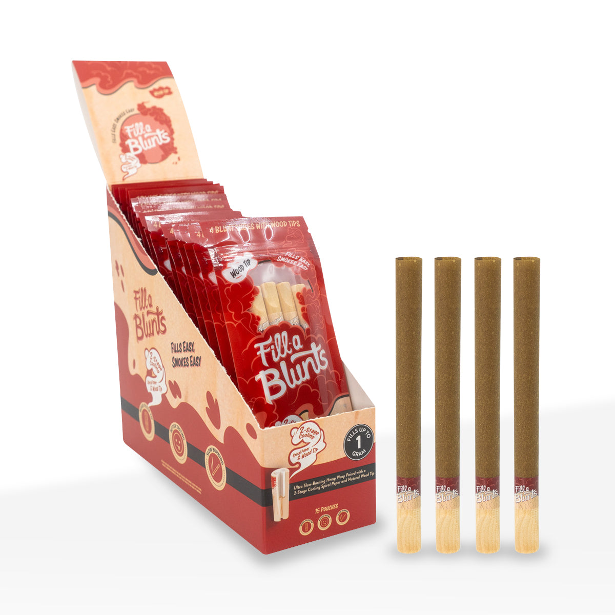 Fill-a Blunts | King Size Pre-Rolled Hemp Blunt Wraps w/ Wood Tips | 1g - 109mm - 15 Count - Biohazard Inc - 4 Pack