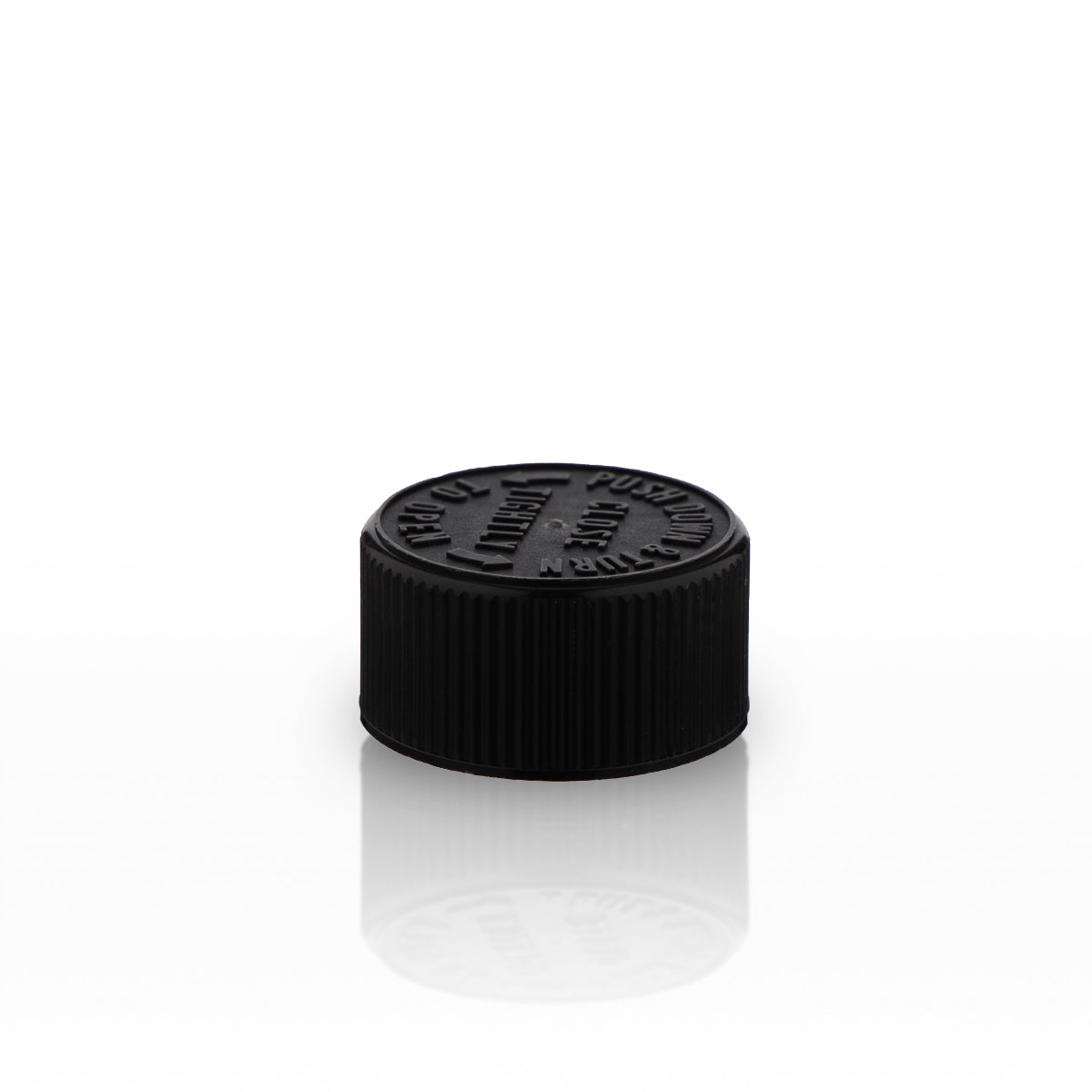 Child Resistant Plastic Caps | Embossed Text w/ Foam Liner | 28mm - Black - 126 Count