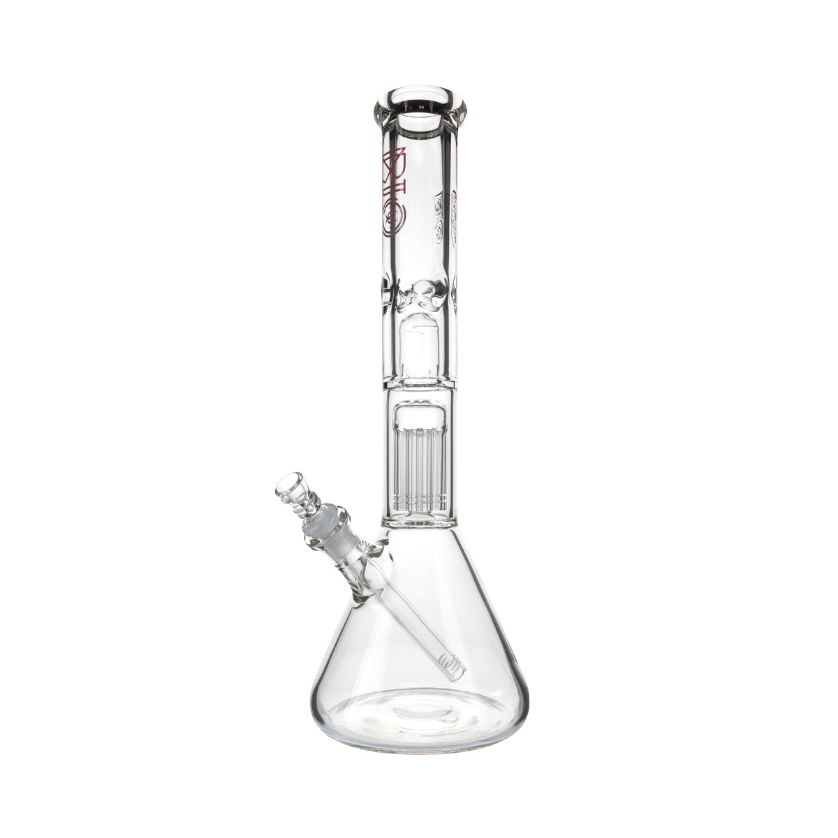 BIO Glass | Single Chamber 10-Arm Tree + Splash Guard Heavy Beaker | 16" - 14mm - Various Colors Glass Bong Bio Glass Red  