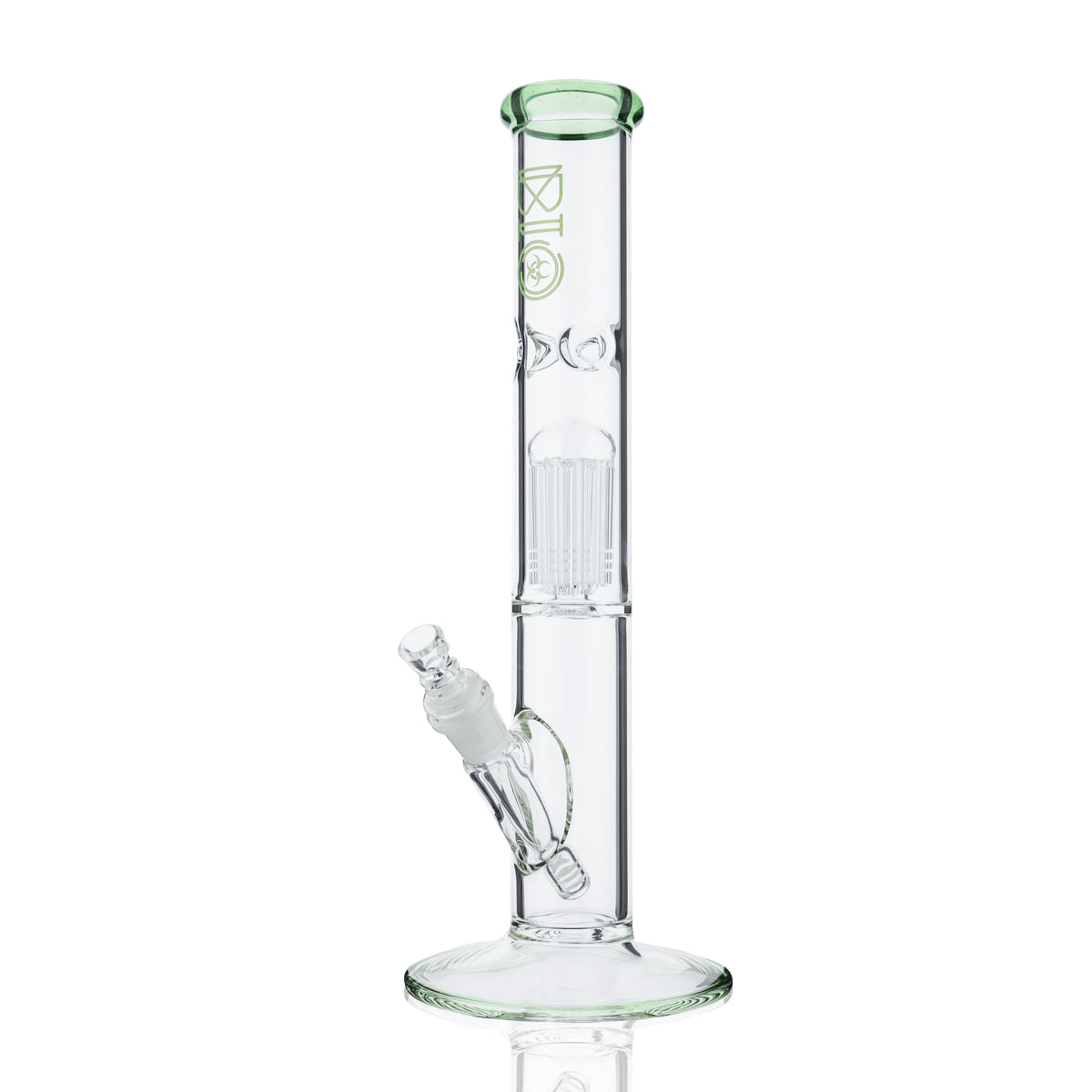 BIO Glass | Single Chamber 10-Arm Tree Perc Straight Color Trim Water Pipe | 14" - 14mm - Various Colors  Biohazard Inc Green Stardust  