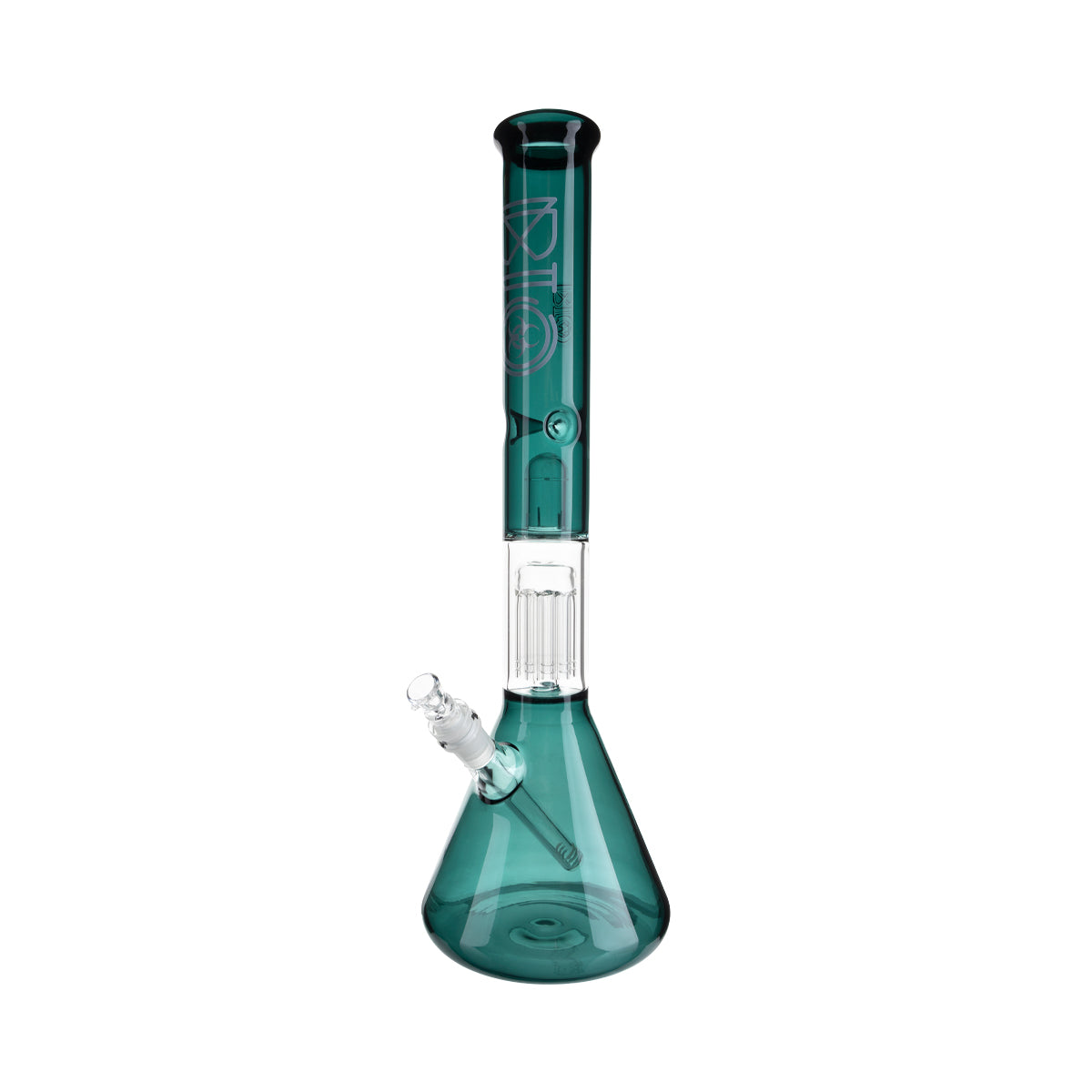BIO Glass | Single Chamber 10-Arm Tree Percolator + Splash Guard Beaker Water Pipe | 18" - 14mm - Various Colors Glass Bong Biohazard Inc Lake Green  