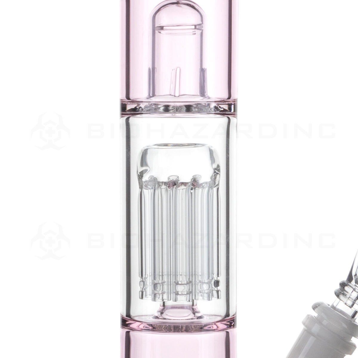 BIO Glass | Single Chamber 10-Arm Tree Percolator + Splash Guard Straight Water Pipe | 18" - 14mm - Pink Glass Bong Bio Glass   