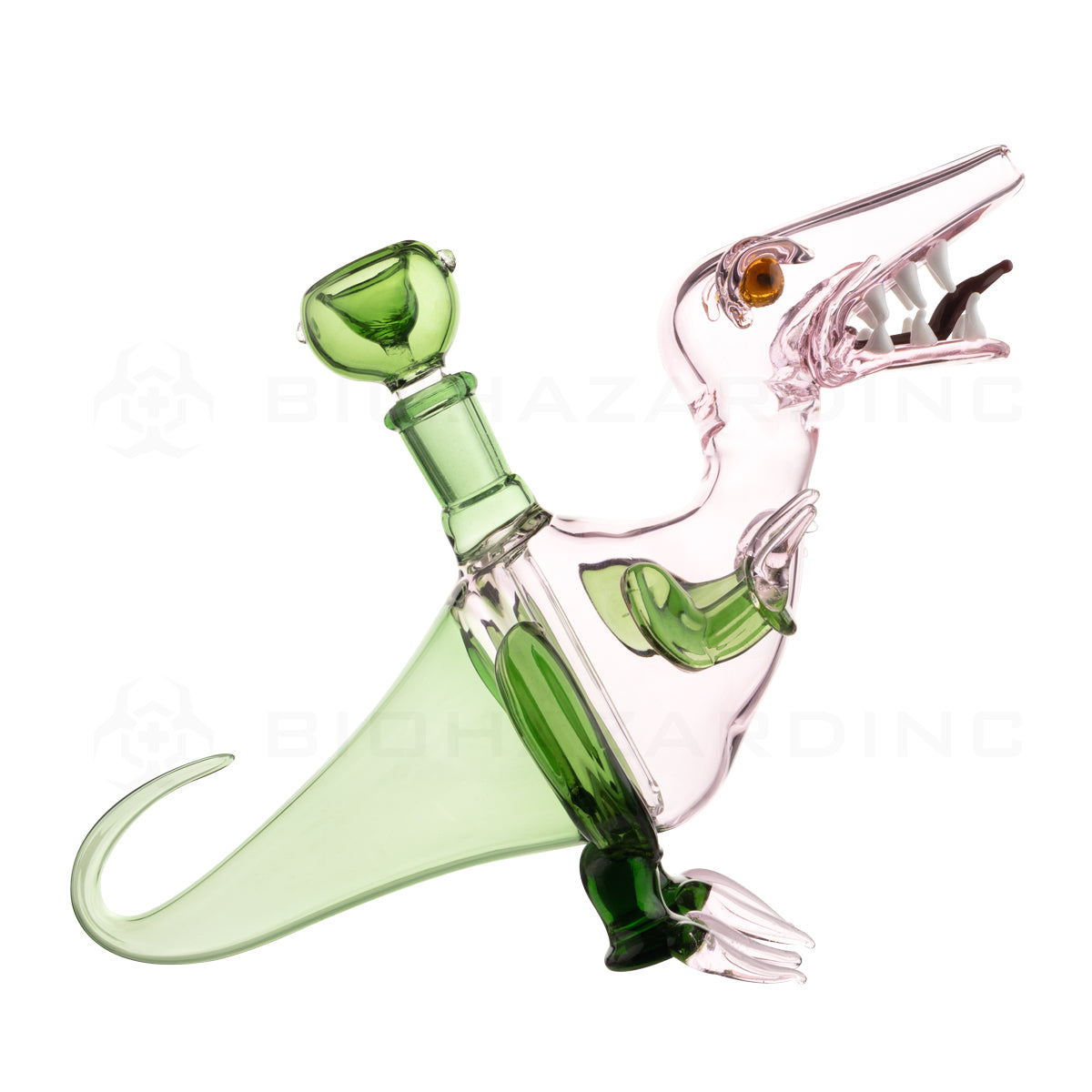 Novelty | Velociraptor Dinosaur Water Pipe | 7" - Glass - Two-Tone Pink & Green Novelty Bong Biohazard Inc   