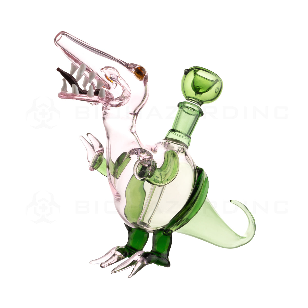 Novelty | Velociraptor Dinosaur Water Pipe | 7" - Glass - Two-Tone Pink & Green Novelty Bong Biohazard Inc   