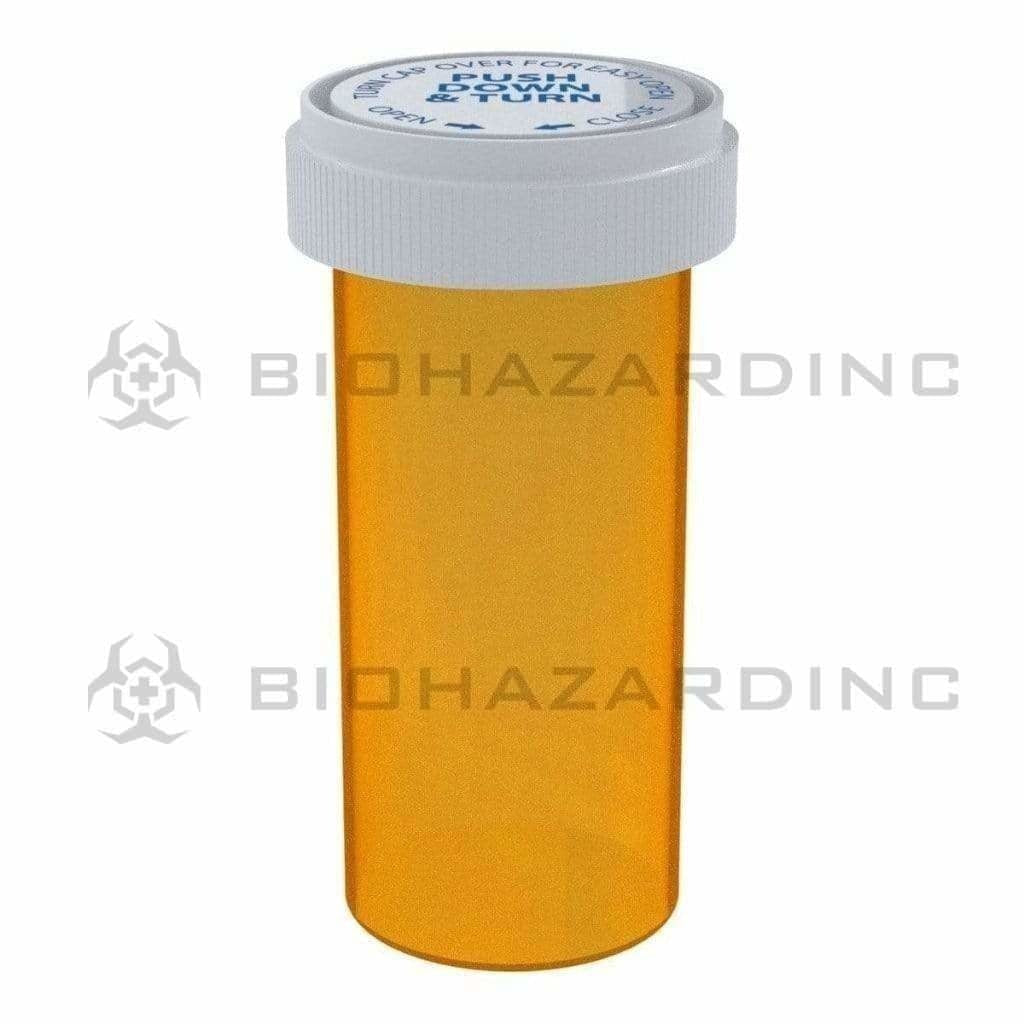 Child Resistant | Transparent Amber Reversible Cap Vials | 40 Dram - 10 Grams - 150 Count Reversible Cap Vial Biohazard Inc   