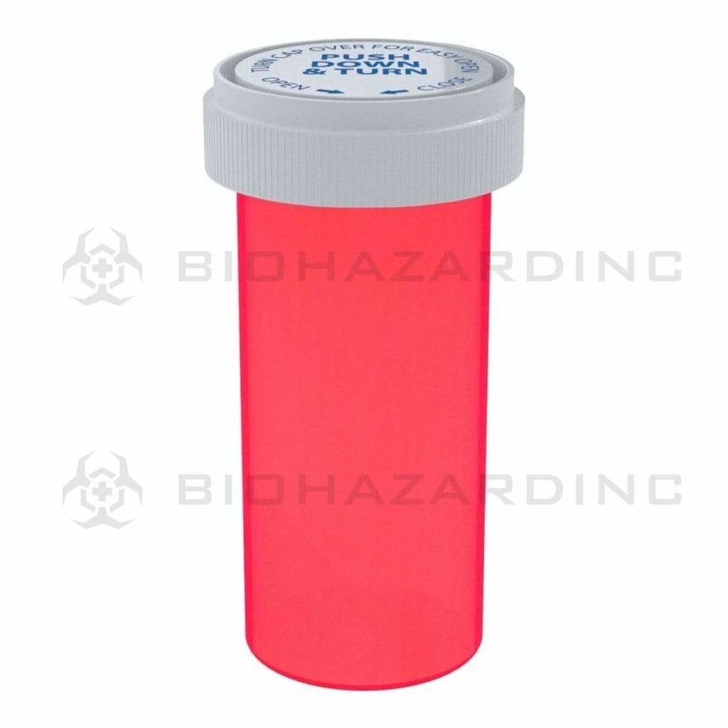 Child Resistant | Translucent Red Reversible Cap Vials | 40 Dram - 10 Grams - 150 Count Reversible Cap Vial Biohazard Inc   