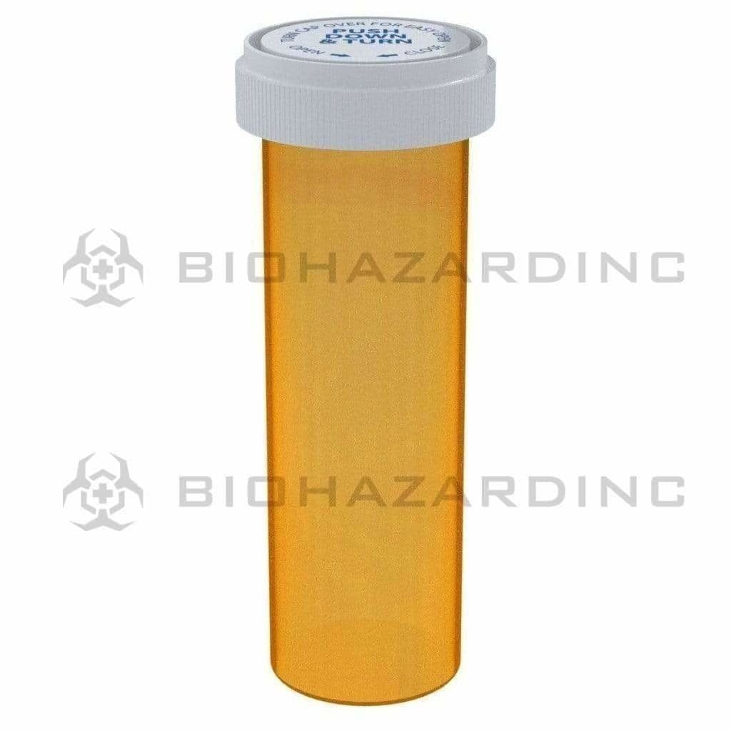 Child Resistant | Transparent Amber Reversible Cap Vials | 60 Dram - 14 Grams - 100 Count Reversible Cap Vial Biohazard Inc   