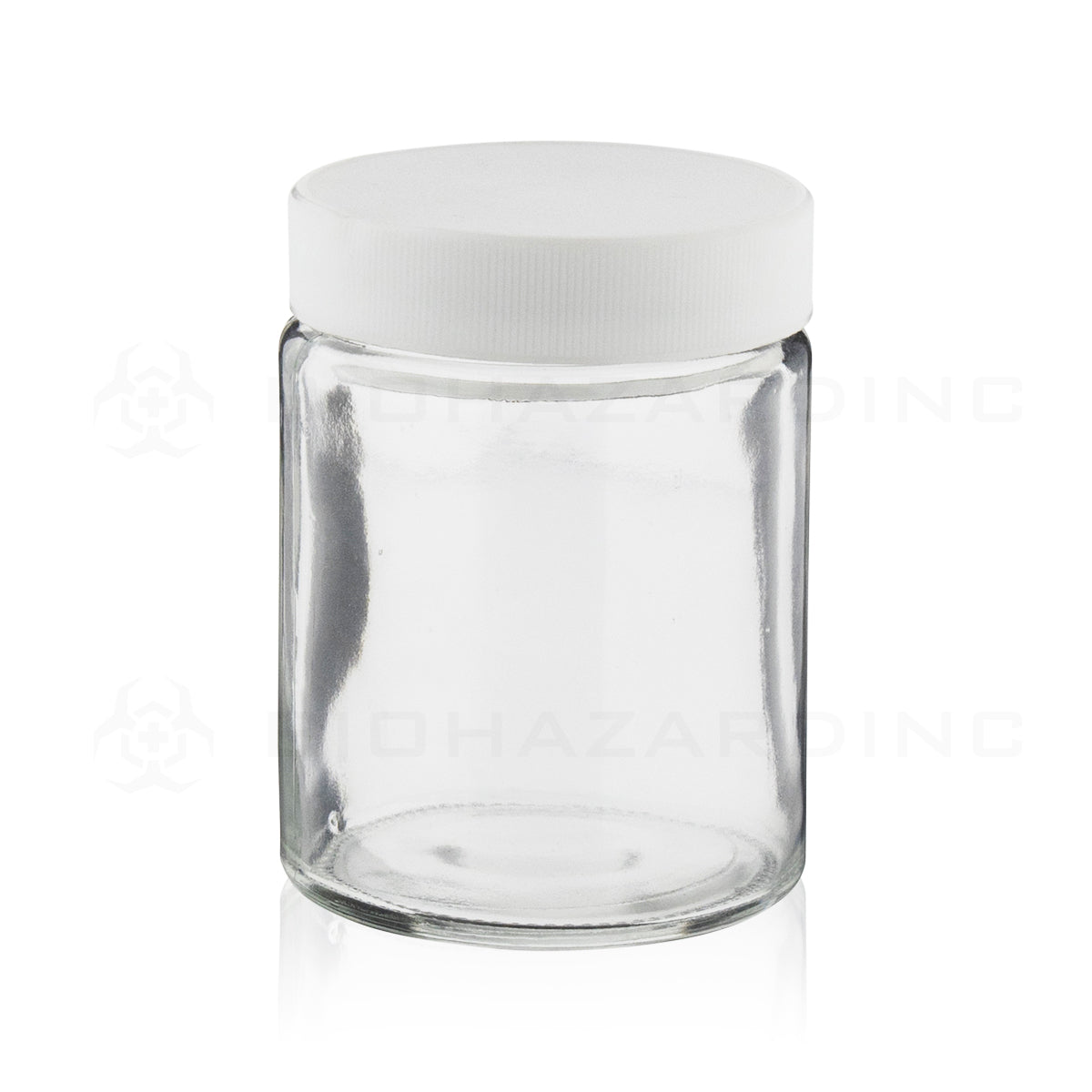 Glass Jar | Straight Sided Clear Glass Jars w/ Ribbed Plastic White Caps | 18oz - 48 Count Glass Jar Biohazard Inc   