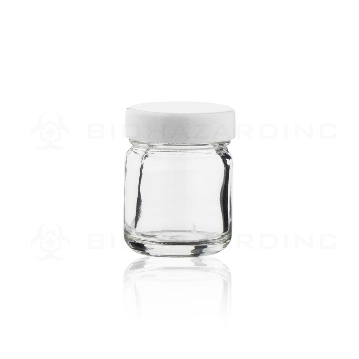 Glass Jar | Straight Sided Clear Glass Jars w/ White Caps | 1oz - 252 Count Glass Jar Biohazard Inc   