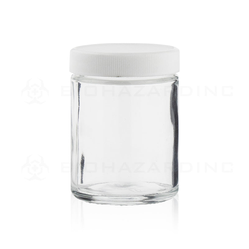 Glass Jar | Straight Sided Clear Glass Jars w/ White Caps | 4oz - 120 Count Glass Jar Biohazard Inc   