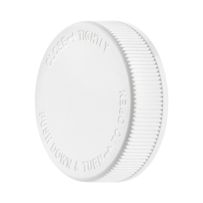 Child Resistant | Ribbed Push Down & Turn Plastic Caps | 53mm - White Child Resistant Cap Biohazard Inc   